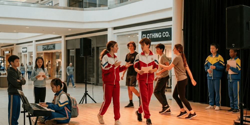 Teenagers rehearsing a play on a stage in a shopping mall with pianist accompanying