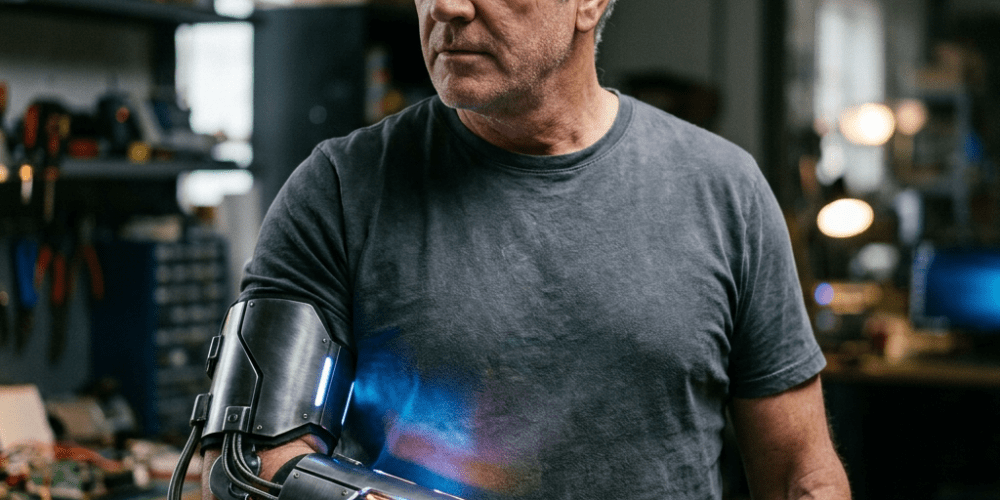 Grey-haired man black shirt metal arm brace glowing