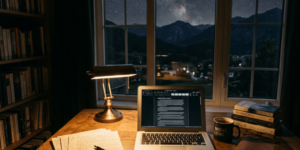 Wooden desk with laptop, papers, lamp, books, mug reading 'Night Owl', and window showing starry sky and crescent moon