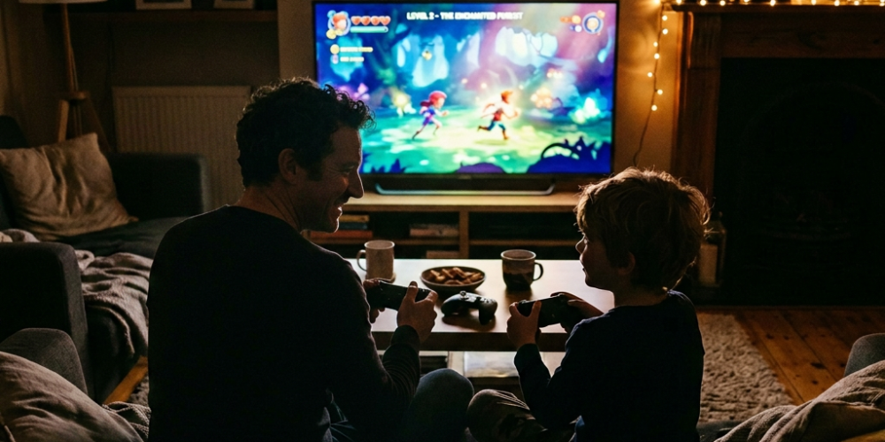 Mother and child playing video game on television in living room