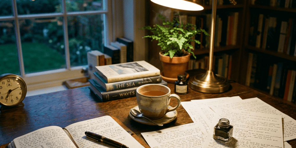 Writing desk with open notebook, pen, tea, books, lamp, and handwritten pages