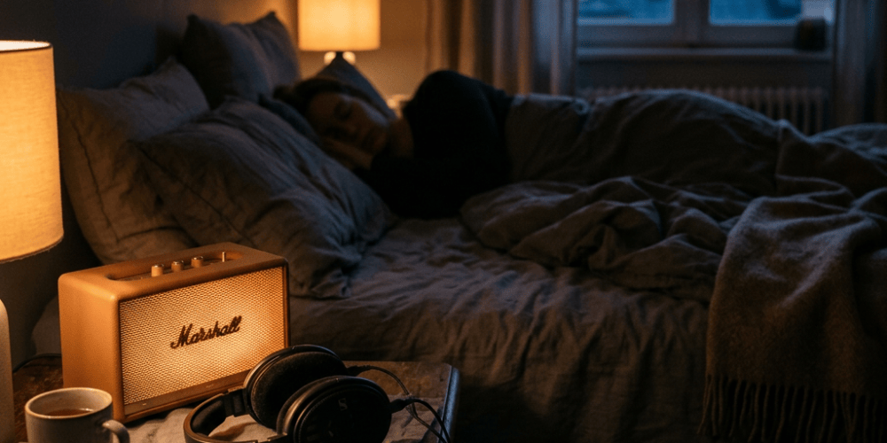 Person resting in bed beside a Marshall speaker, headphones, coffee, and book